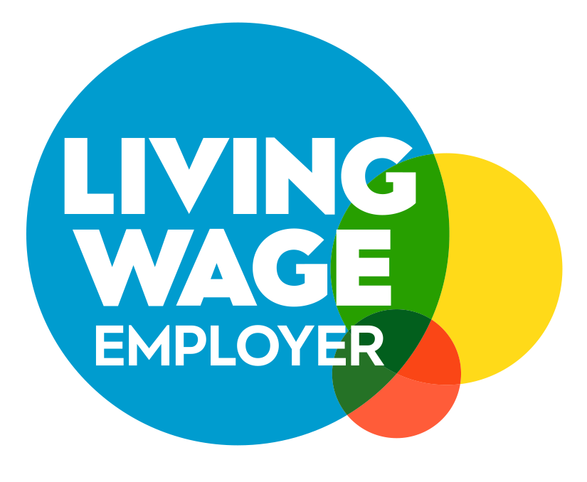 Logo for Living Wage Employer: large blue circle with white text, overlapping green, yellow, red circles in the background/overlap