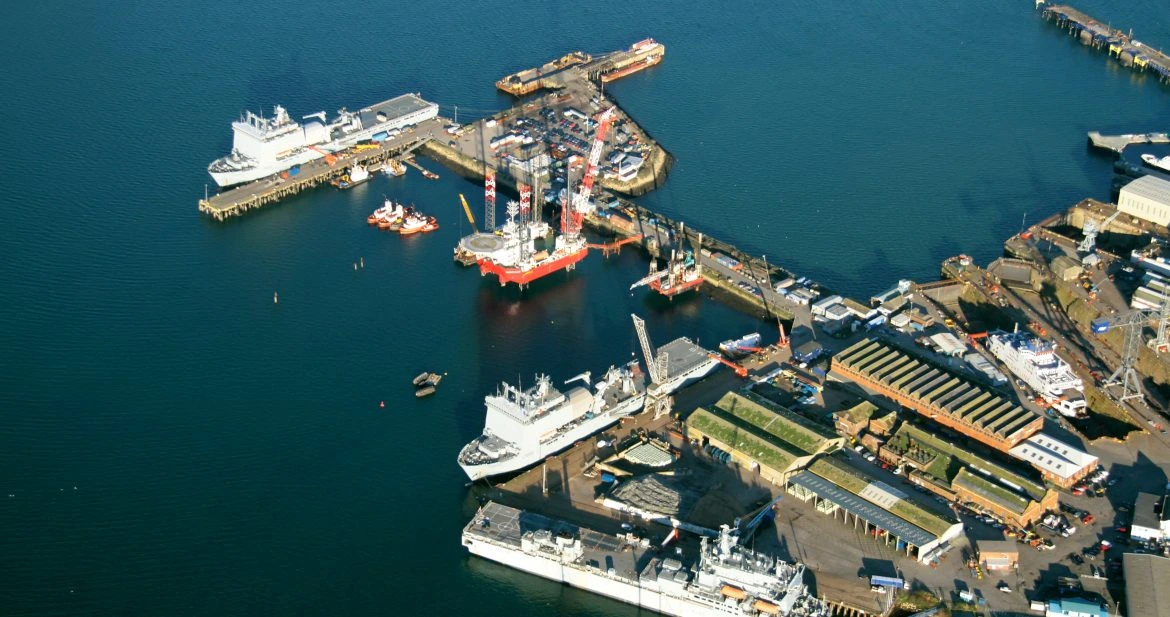 Aerial view of Falmouth Docks supporting the AP Falmouth Shore Power Project by Marine Zero, delivering clean energy infrastructure to reduce vessel emissions and enable sustainable maritime operations.