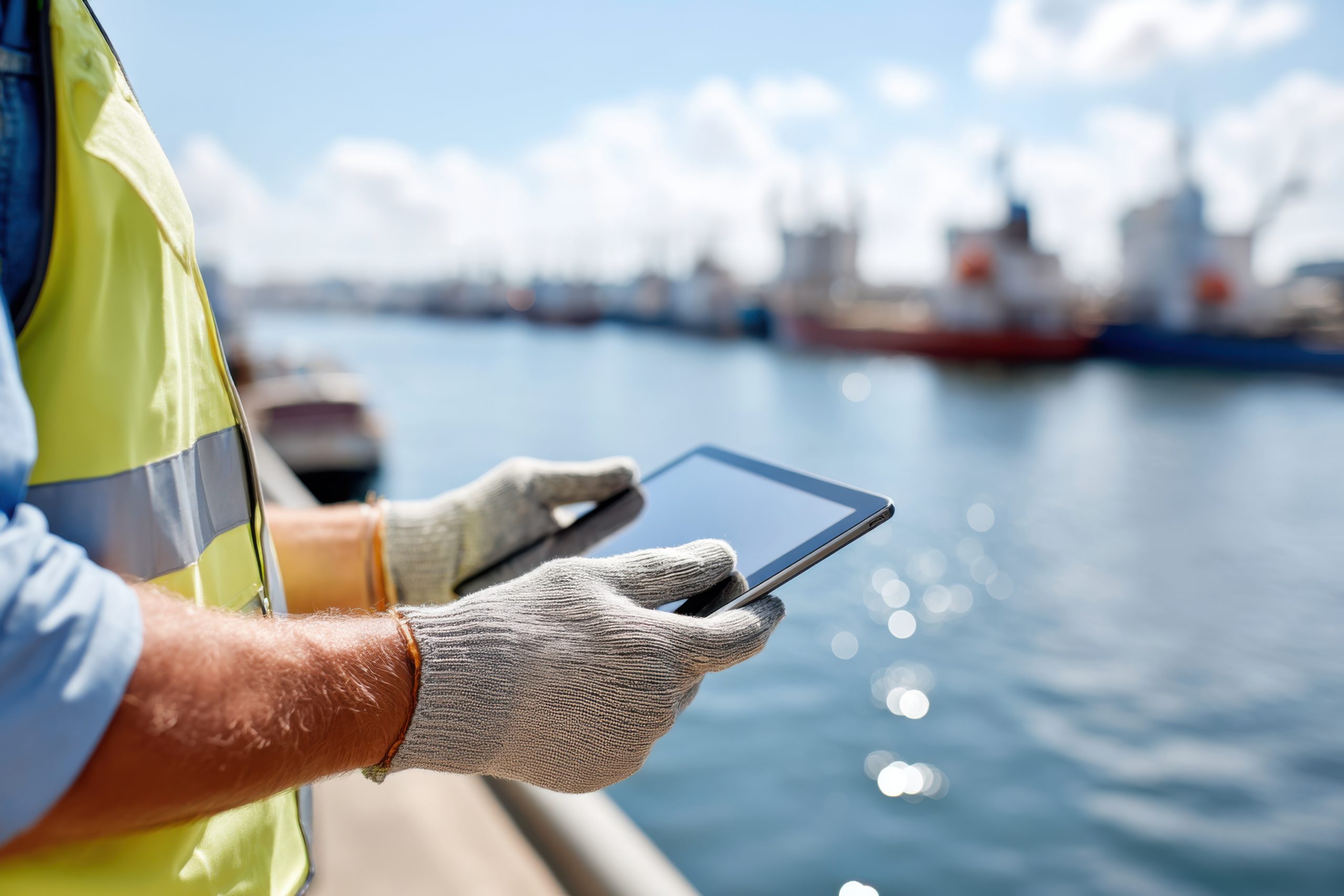 Engineering consultant on quayside at port, holding a tablet device