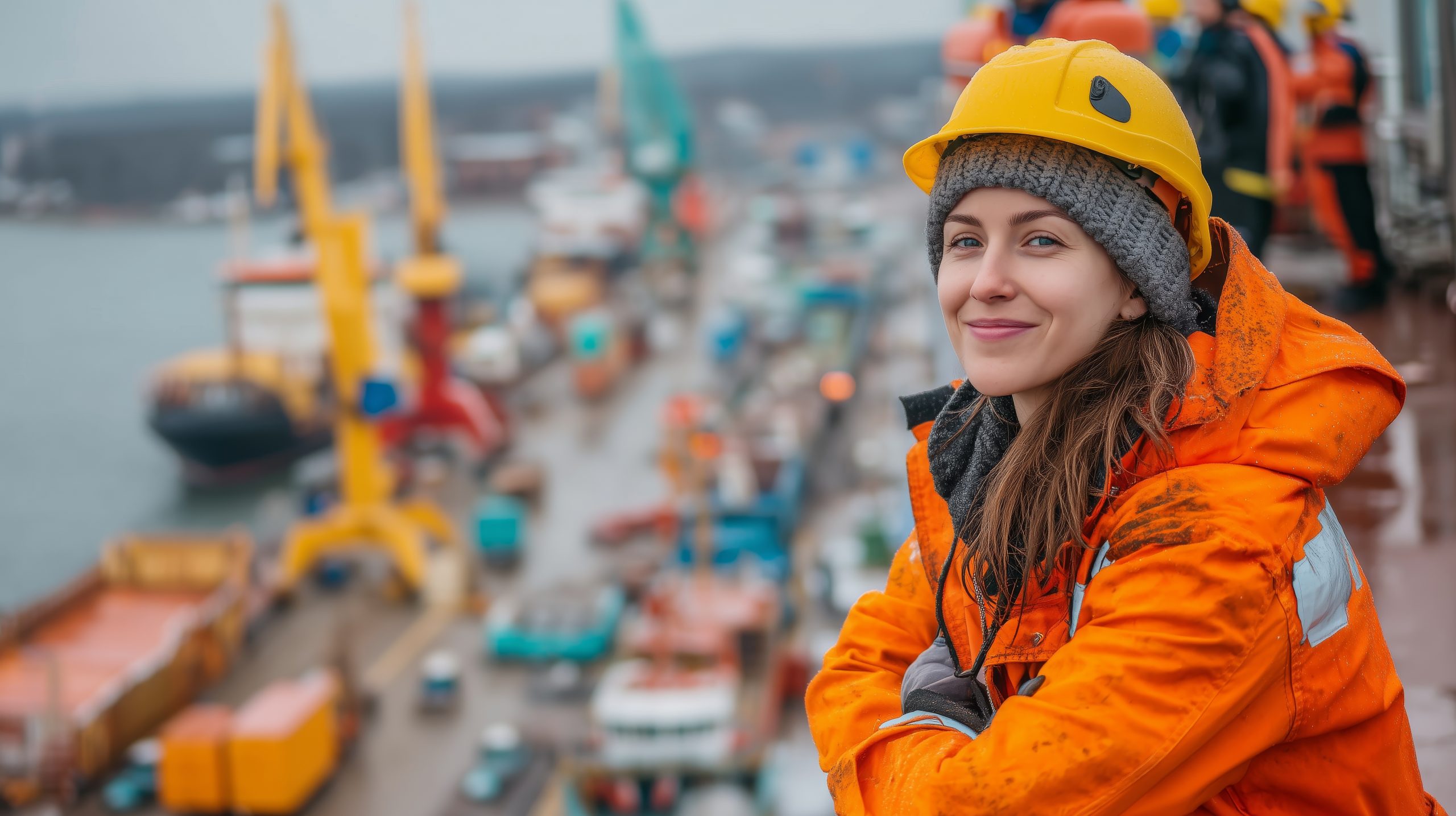 Female marine engineer on port site during feasibility and front-end engineering design studies