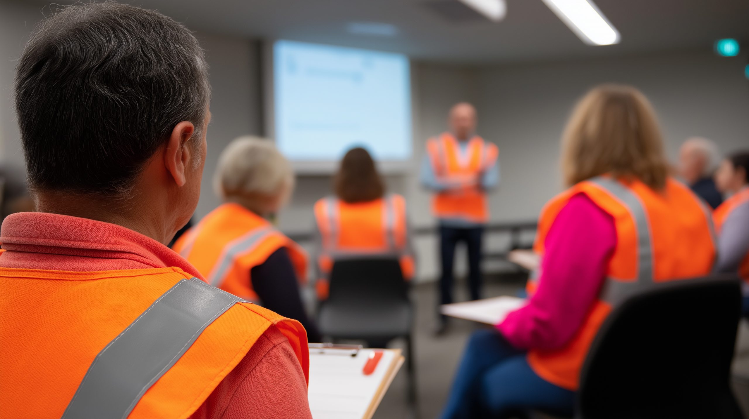 Maritime safety training session with workers in high-visibility vests, preparing for port and vessel operations.