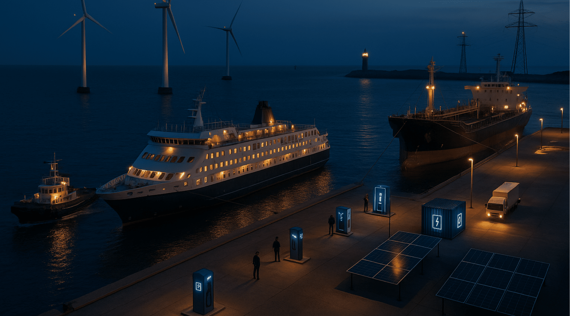 Electric vessels docked and receiving shore-side charging powered by renewable energy such as wind turbines and solar panels