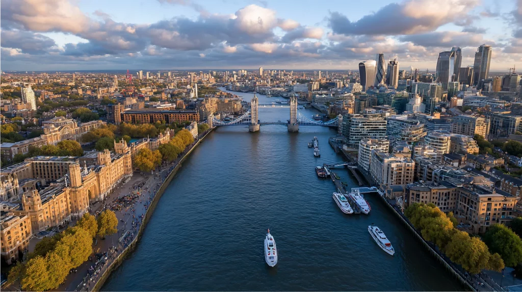 Aerial view of central London along the River Thames showing Tower Bridge and modern skyline on the right side with boats in the water.”,