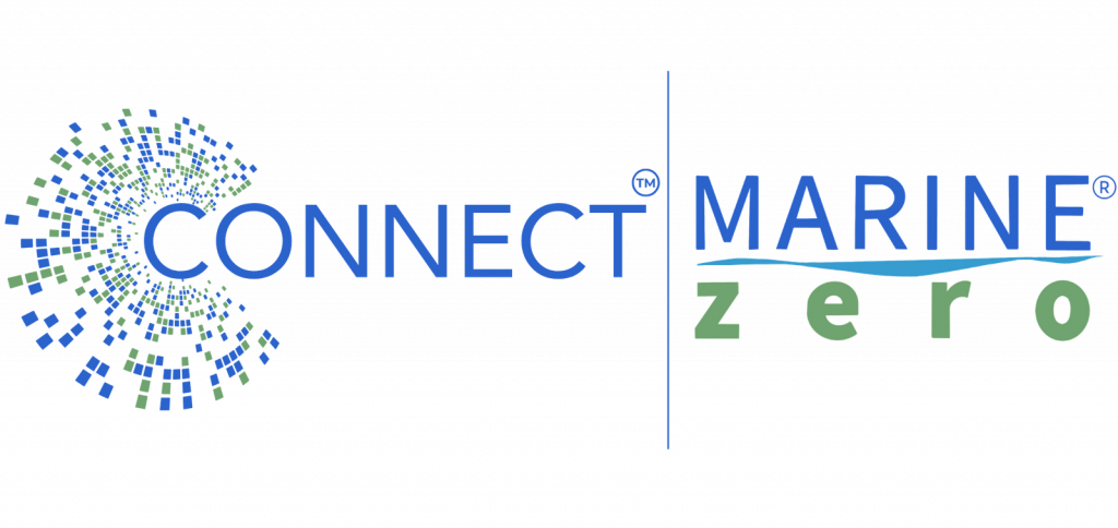 Logo for Connect Marine Zero: blue 'CONNECT' wordmark with a left circular mosaic of blue/green squares, a vertical divider, and blue 'MARINE' with green 'zero' text below.