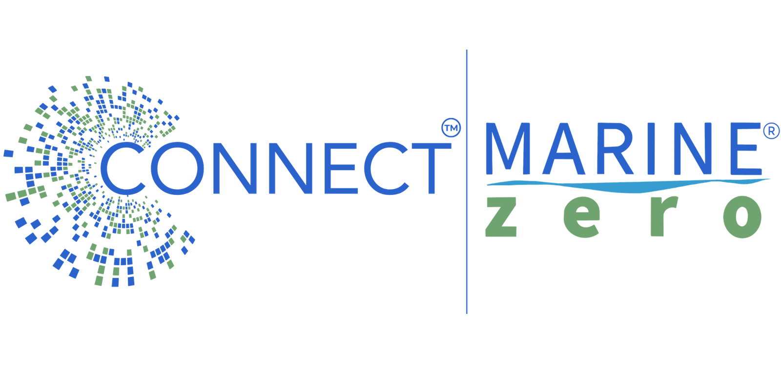 Logo for Connect Marine Zero: blue 'CONNECT' wordmark with a left circular mosaic of blue/green squares, a vertical divider, and blue 'MARINE' with green 'zero' text below.