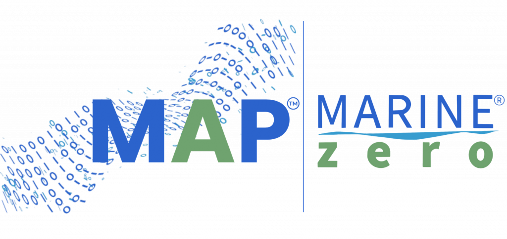 MAP Marine Zero logo: blue 'MAP' letters with a green 'A', a vertical blue divider, and the word 'MARINE' in blue with a green 'zero' and a blue wave underline.