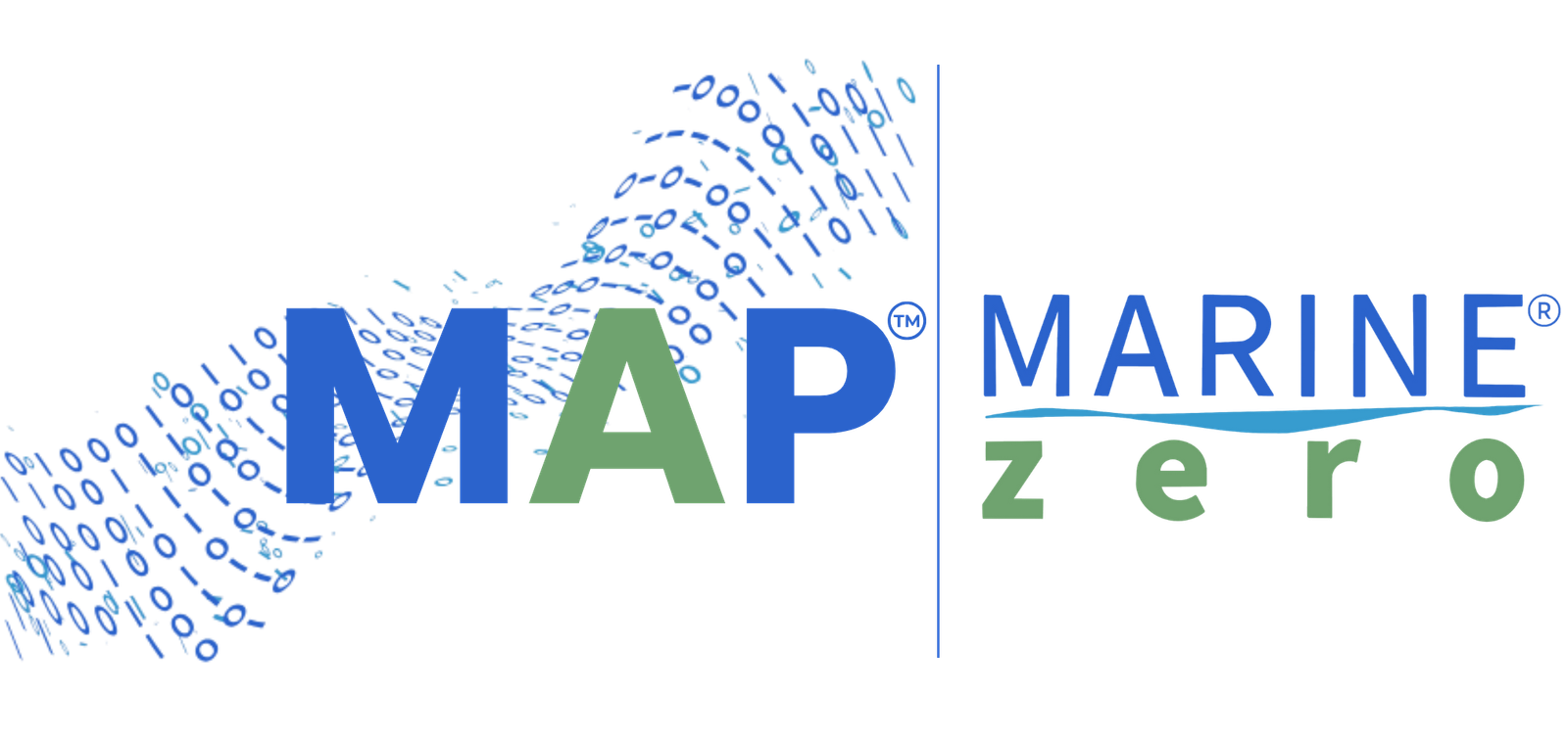 MAP Marine Zero logo: blue 'MAP' letters with a green 'A', a vertical blue divider, and the word 'MARINE' in blue with a green 'zero' and a blue wave underline.