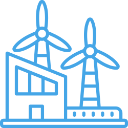 Blue line drawing of a factory with two wind turbines in the background, symbolizing clean energy.