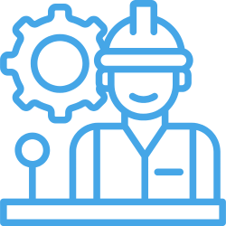 Icon of a construction worker in a hard hat beside a gear symbol, standing at a podium-like base, representing engineering or safety.