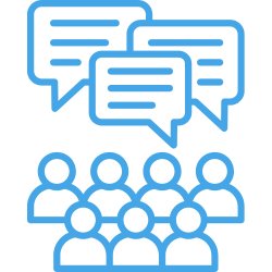 Group of people with overlapping chat bubbles, representing team discussion and collaboration.