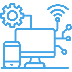 Blue line illustration of a computer monitor, smartphone, gear, and wireless connectivity icons linked by circuits.