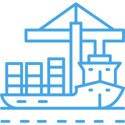 Blue line drawing of a cargo ship with containers and a crane at a portdocked vessel in blue outline.